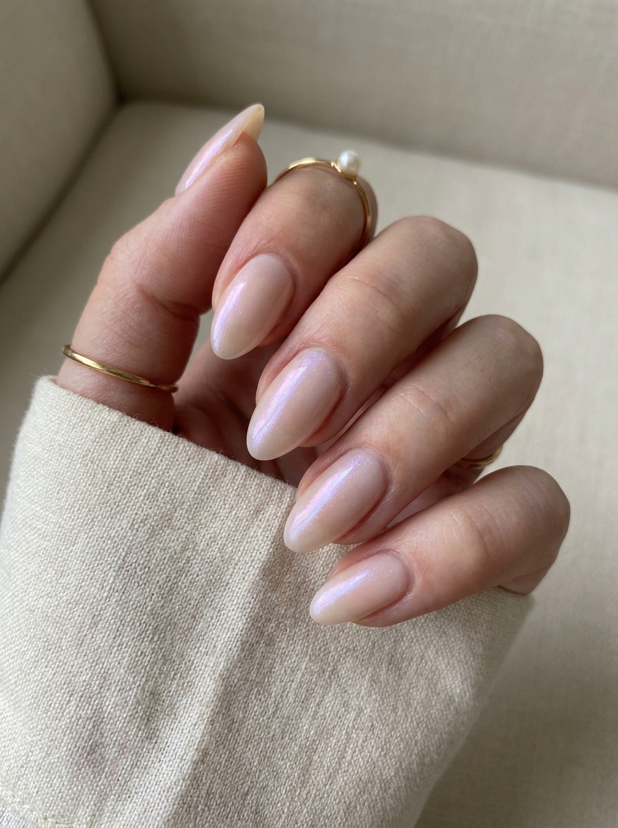 Opal Almond Nails in Mandelform mit milchiger Base und zartem Glow
